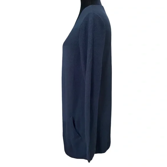 J Jill Open Front Cardigan Navy Silk Wool Blend Pocketed Sweater Minimalist XS - Picture 2 of 7